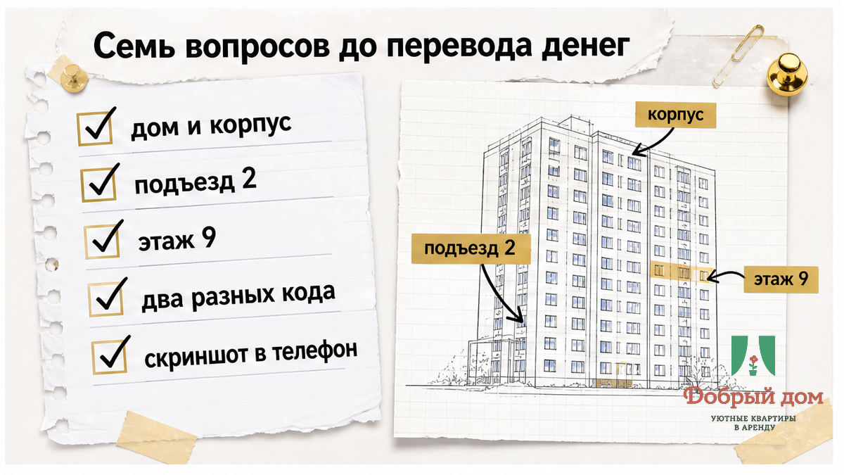 Чеклист адреса, подъезда, этажа и двух кодов, который нужно сохранить в телефоне до поездки.
