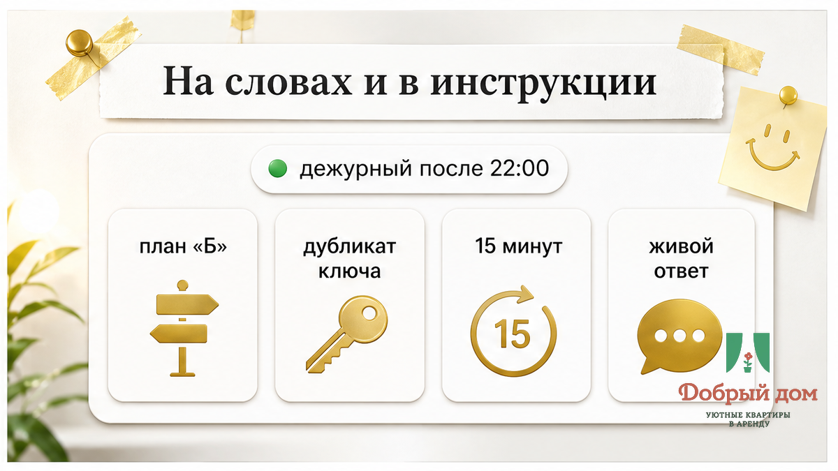 Экран инструкции показывает ночного дежурного, план Б, дубликат ключа и обещанное время живого ответа.