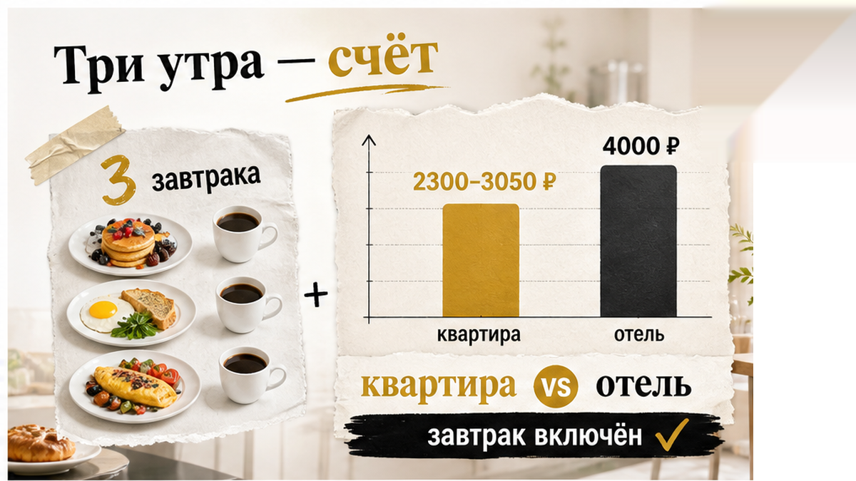 Арифметика трёх завтраков: разница между квартирой и отелем с завтраком за три ночи