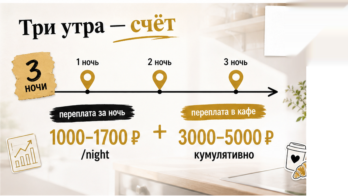 Сколько стоят три завтрака в кафе по сравнению с разницей квартира-отель за три ночи