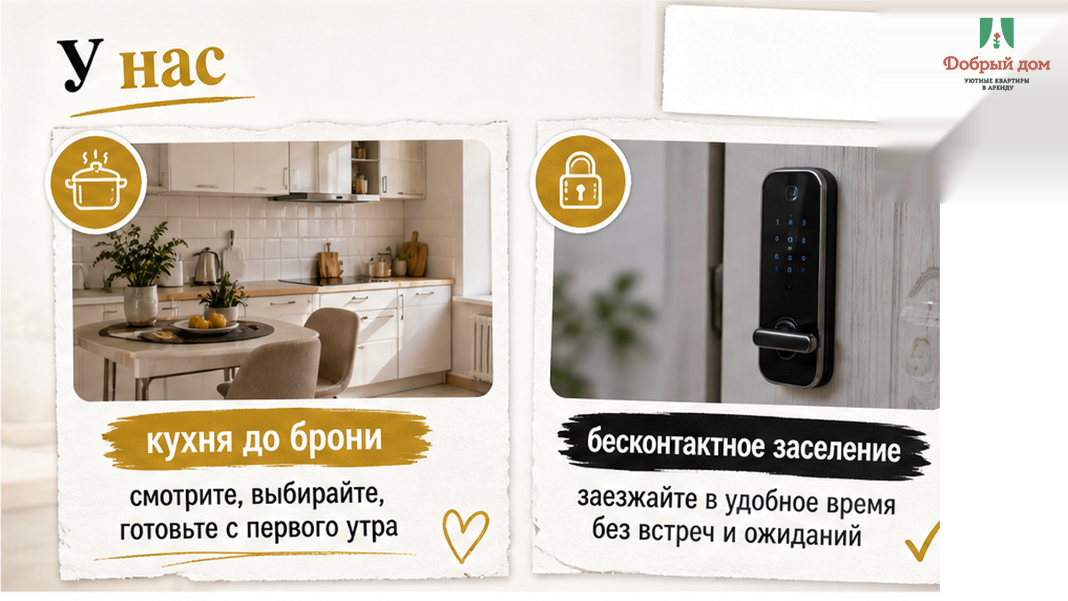 Кухня «Добрый дом»: состав прописан до брони, бесконтактное заселение, ответ в мессенджере