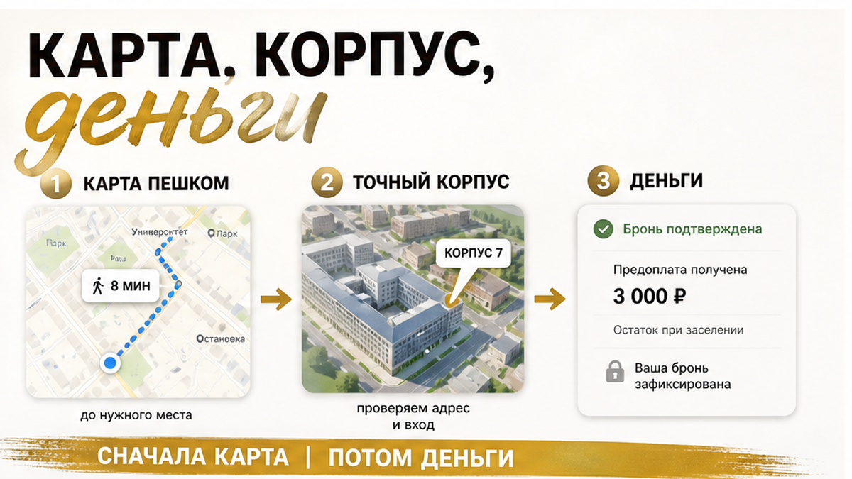 Вердикт: сначала проверить маршрут на карте и корпус, потом переводить деньги и брать ключ