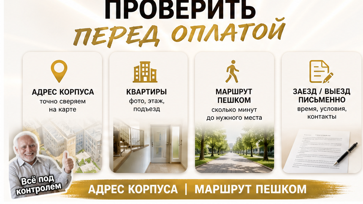 Чеклист перед оплатой: адрес корпуса, адрес квартиры, маршрут пешком и время заезда-выезда письменно