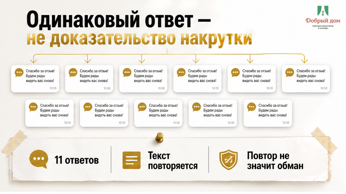 Одинаковые ответы хозяина на отзывы: повтор текста не доказывает накрутку