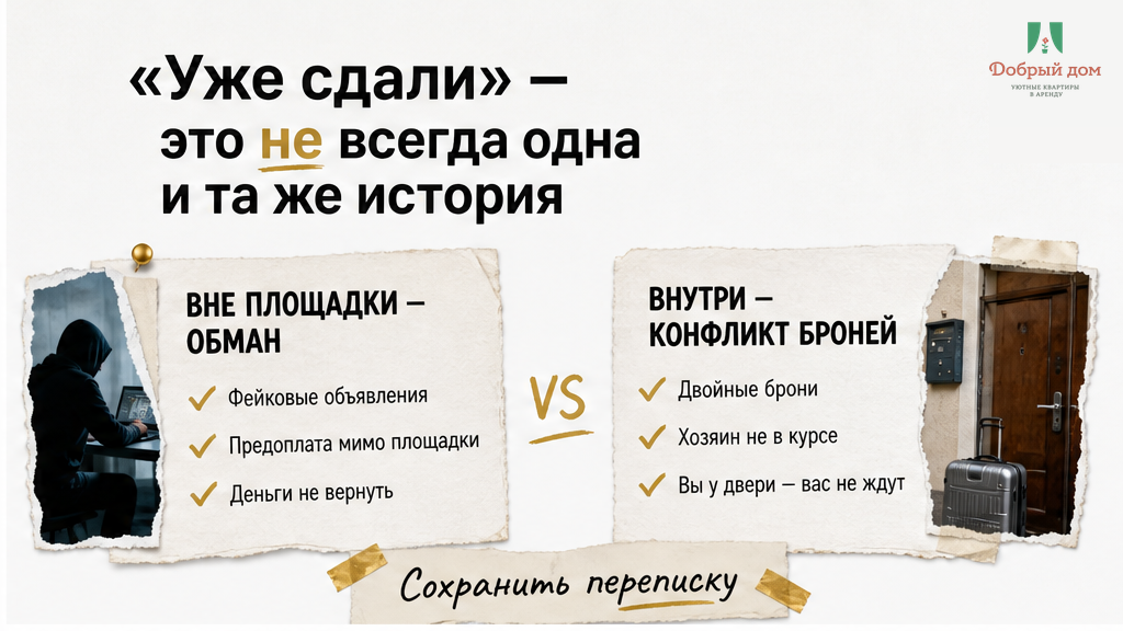 Два сценария «уже сдали»: мошенничество при оплате вне площадки и конфликт броней внутри сервиса