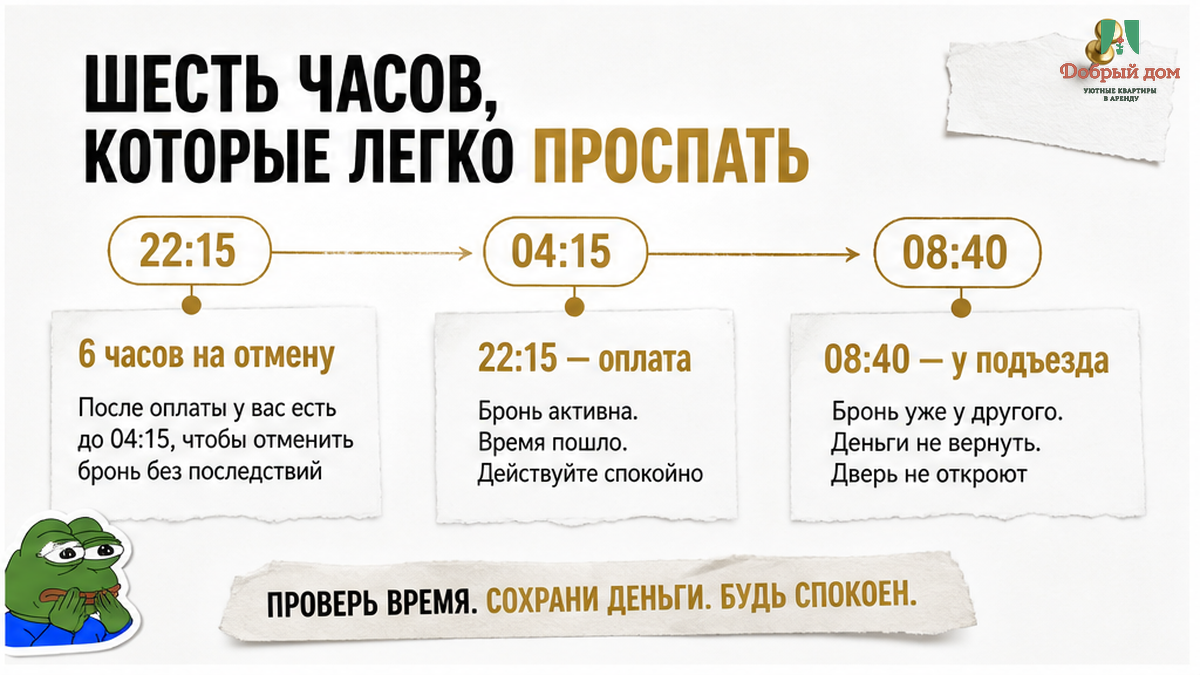 Окно бесплатной отмены 6 часов: оплата в 22:15, конец в 04:15, а в 08:40 гость уже у подъезда без возврата