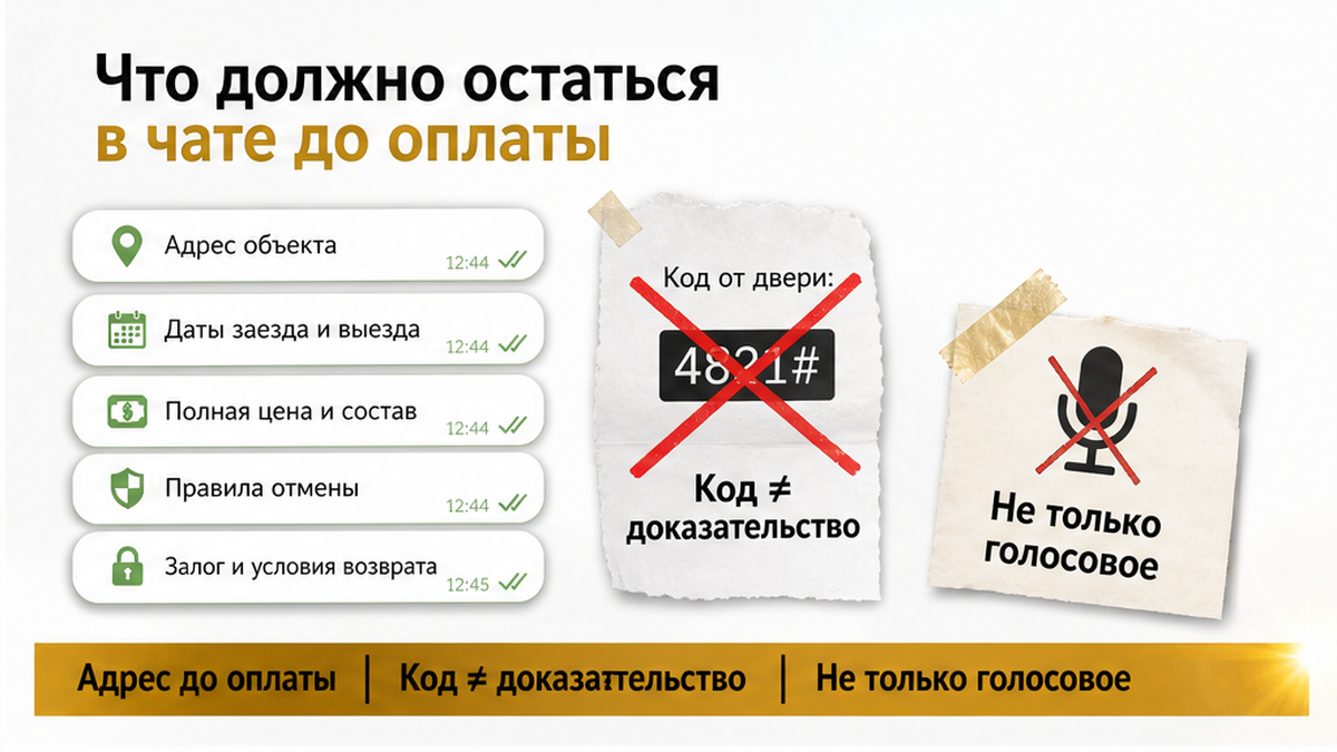 До оплаты в переписке должны остаться адрес, даты, цена и правила — код двери сам по себе не доказывает бронь