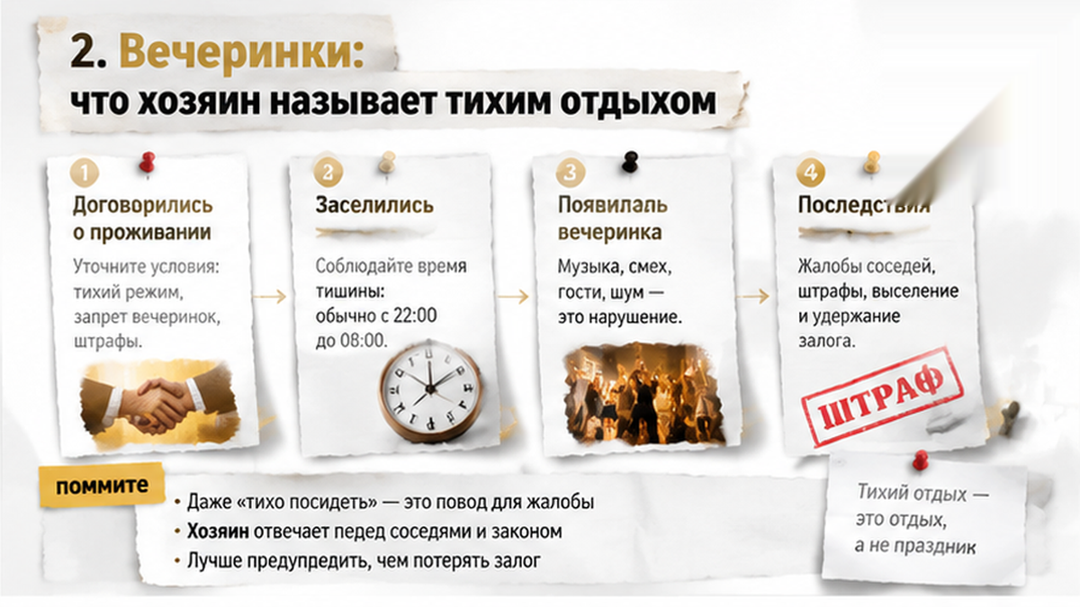 Схема последствий ночного шума: от шумной компании до жалобы соседей.