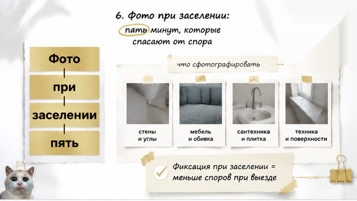 Карточка с правилами фотофиксации квартиры в день заселения.