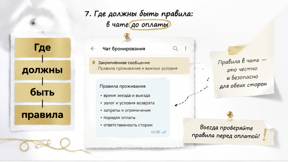 Схема, как получить правила до оплаты и сохранить их в одной переписке.
