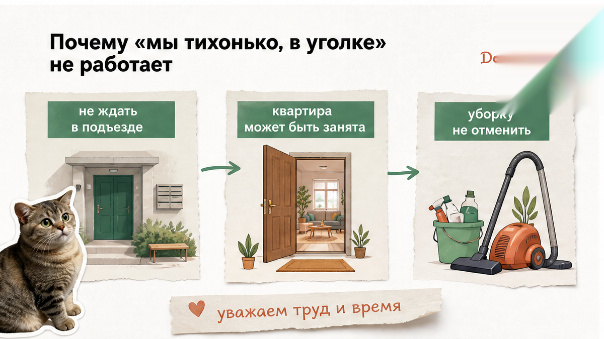 Светлая схема «почему уголок не решает вопрос»: квартира занята → уборка идёт → гость ждёт вне подъезда; три связанных блока со стрелками, т