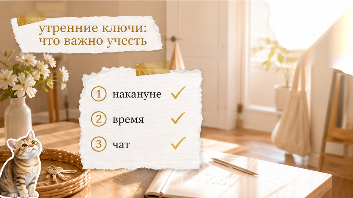Факт-карта «У нас так»: три крупные карточки в правильной последовательности — заранее попросить, дождаться уборки, получить вечернее подтве