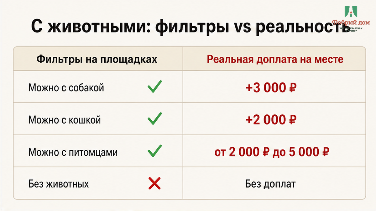 Сравнение фильтра «можно с животными» и реальной доплаты за питомца.