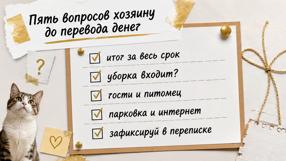 Пять вопросов хозяину посуточной квартиры до перевода денег: итог, уборка, гости, парковка, фиксация
