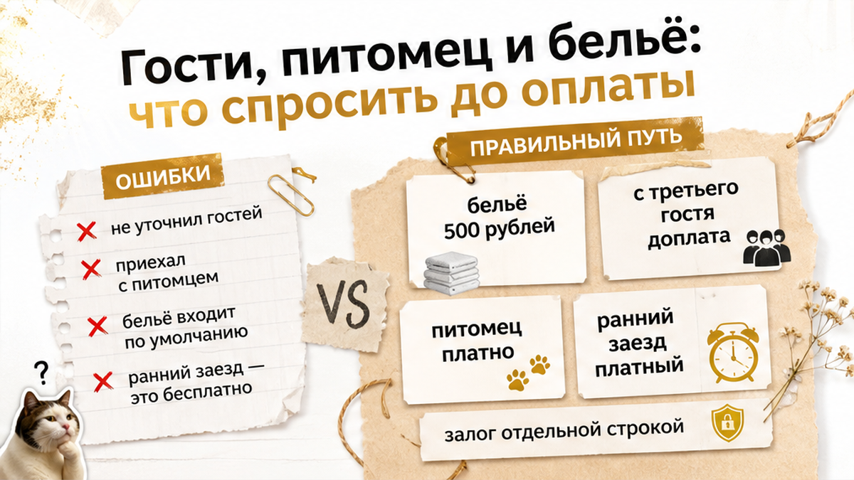 Доплаты за гостей, питомца и бельё при посуточной аренде — что уточнить до оплаты