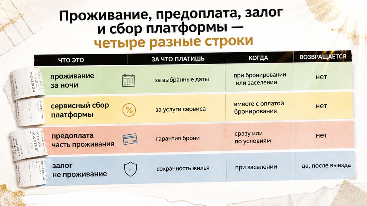 Четыре разные строки в расчёте посуточной аренды: проживание, предоплата, залог и сервисный сбор