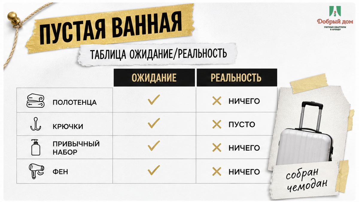 Сравнительная таблица: обещание «всё для проживания» против пустой ванной без полотенец.