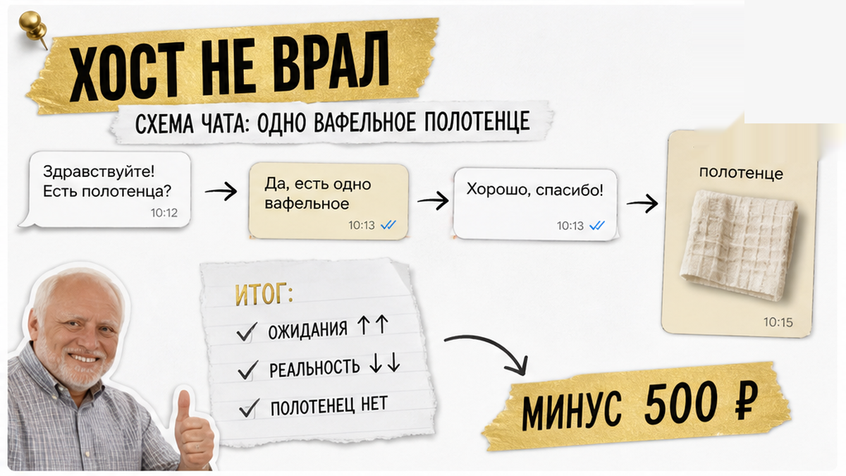Диаграмма: ответ хоста «полотенца есть» ведёт к одному маленькому полотенцу в шкафу.