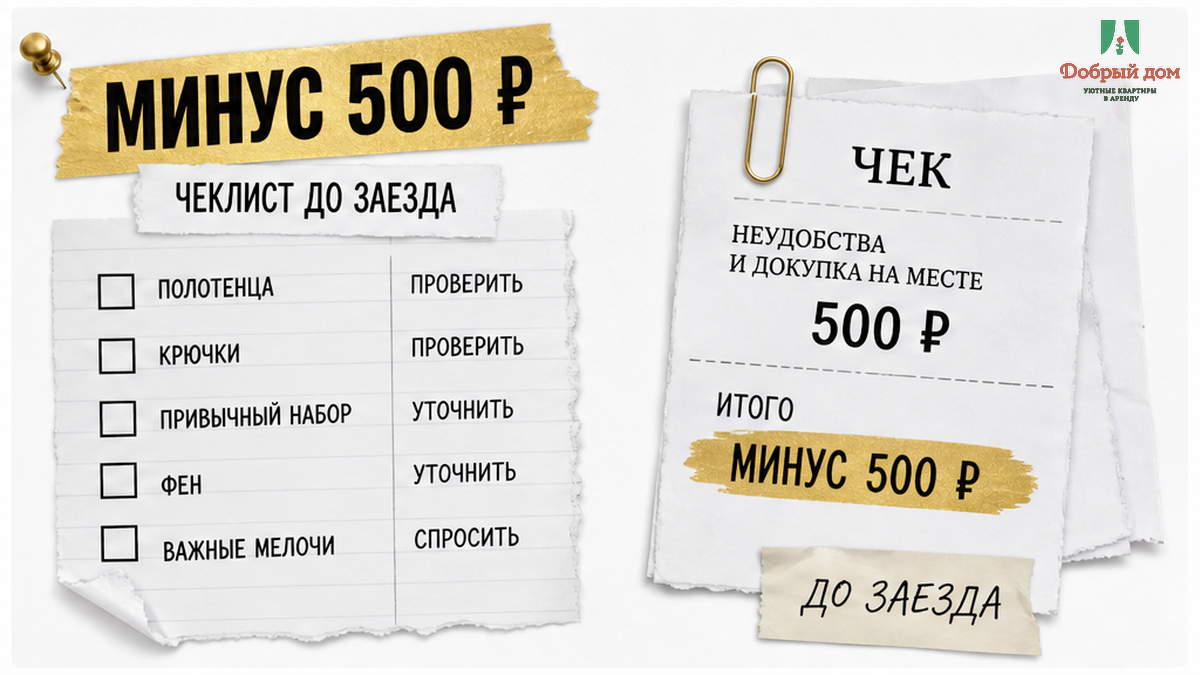 Доска-чеклист вопросов до заезда и чек на 500 рублей за полотенца.