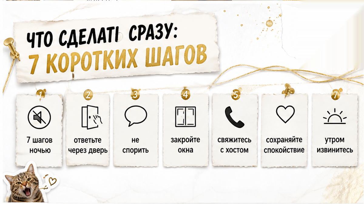 Схема из семи спокойных шагов для гостя, когда сосед стучит ночью.