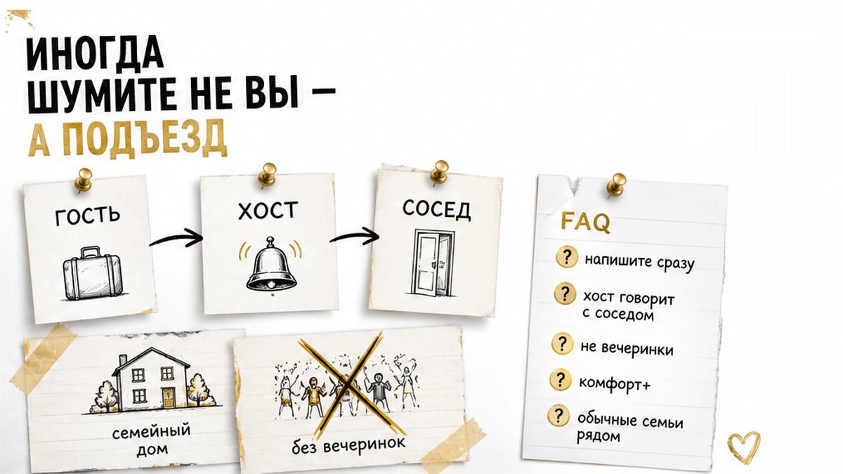 Схема общения гостя, хоста и соседа при жалобе на шум.