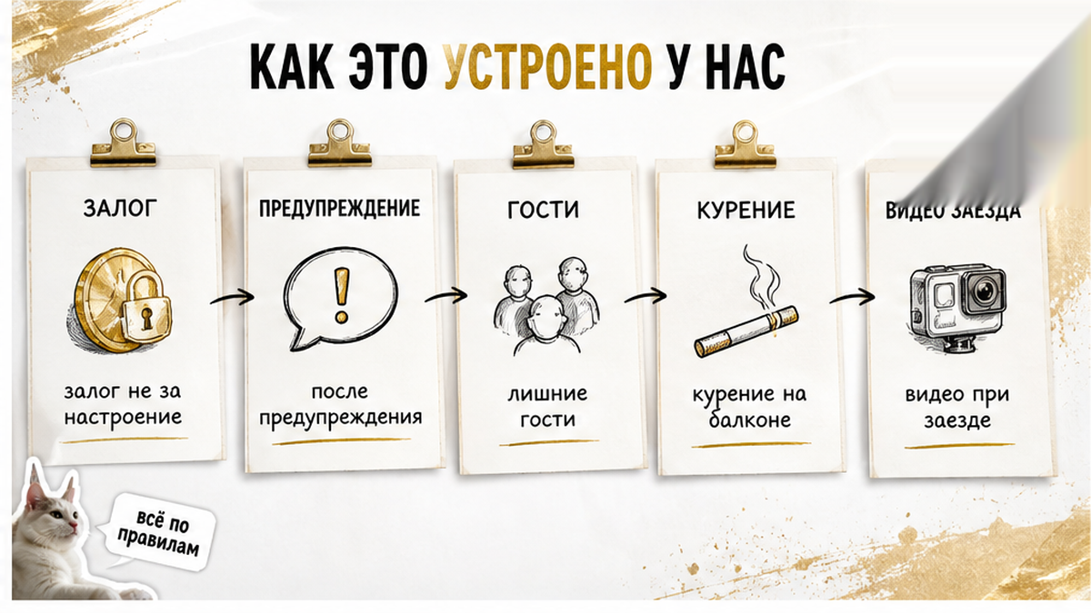 Карточка правил аренды о залоге, предупреждениях, гостях, курении и видео при заезде.
