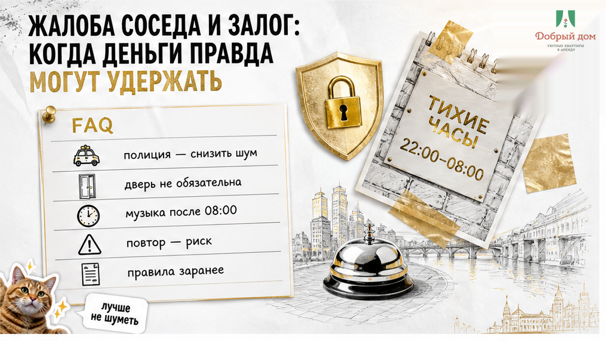 Инфографика о снижении шума, закрытой двери, повторных жалобах и рисках для залога.