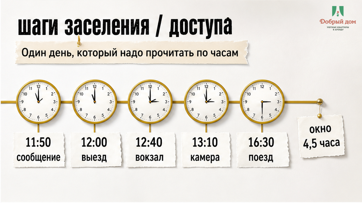 Хронология дня: выезд 12:00, вокзал, камера, поезд 16:30
