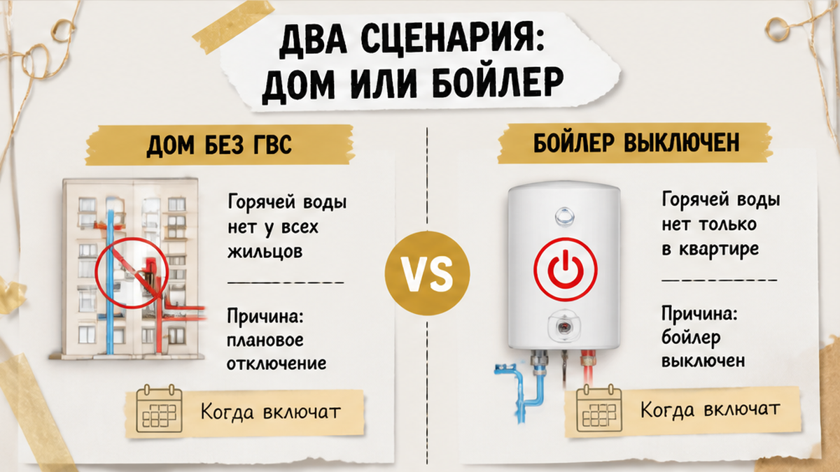 Два сценария: отключение в доме или выключенный бойлер.