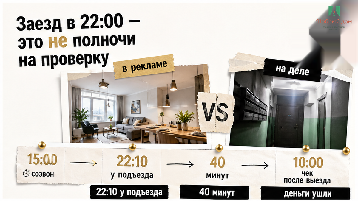 Поздний заезд 22:10: 40 минут на проверку до созвона в 10:00.