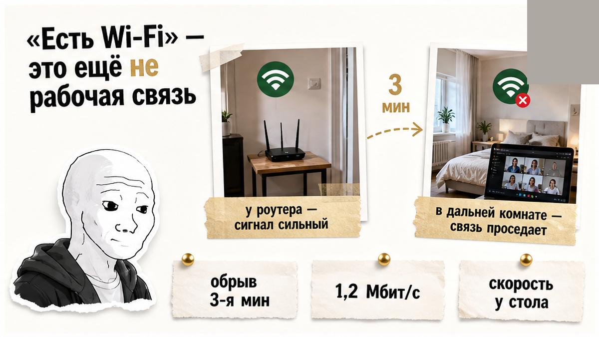 Wi‑Fi в прихожей держится, в дальней комнате обрыв на 3-й минуте.