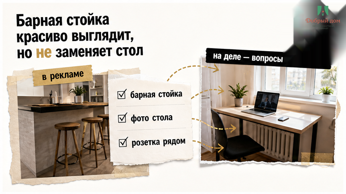 Барная стойка не заменяет стол — нужно фото и розетка.