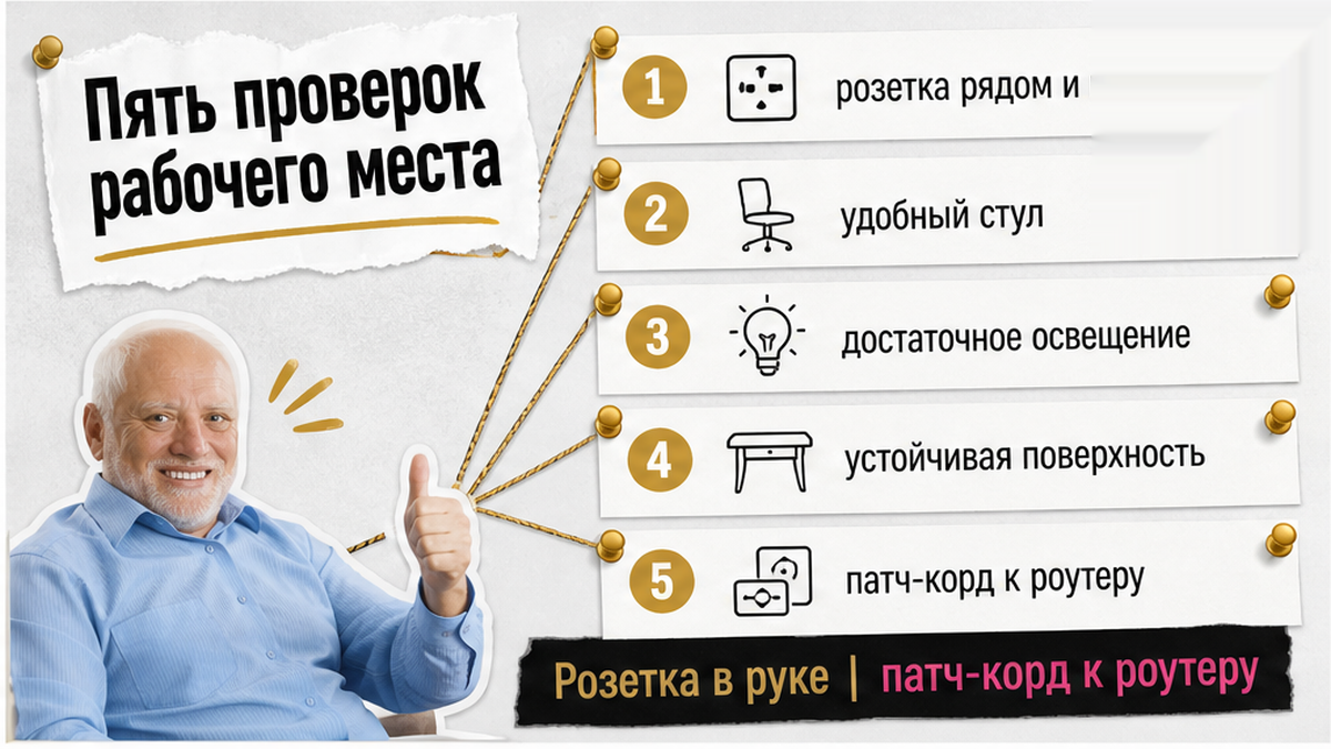 Пять пунктов: розетка, стул, свет, размер, патч-корд
