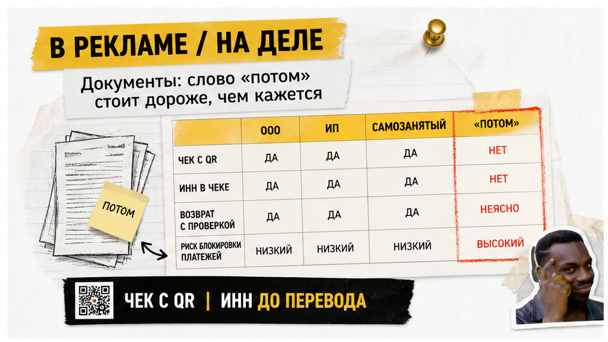 Статус исполнителя, чек с QR, ИНН до перевода — не «потом»