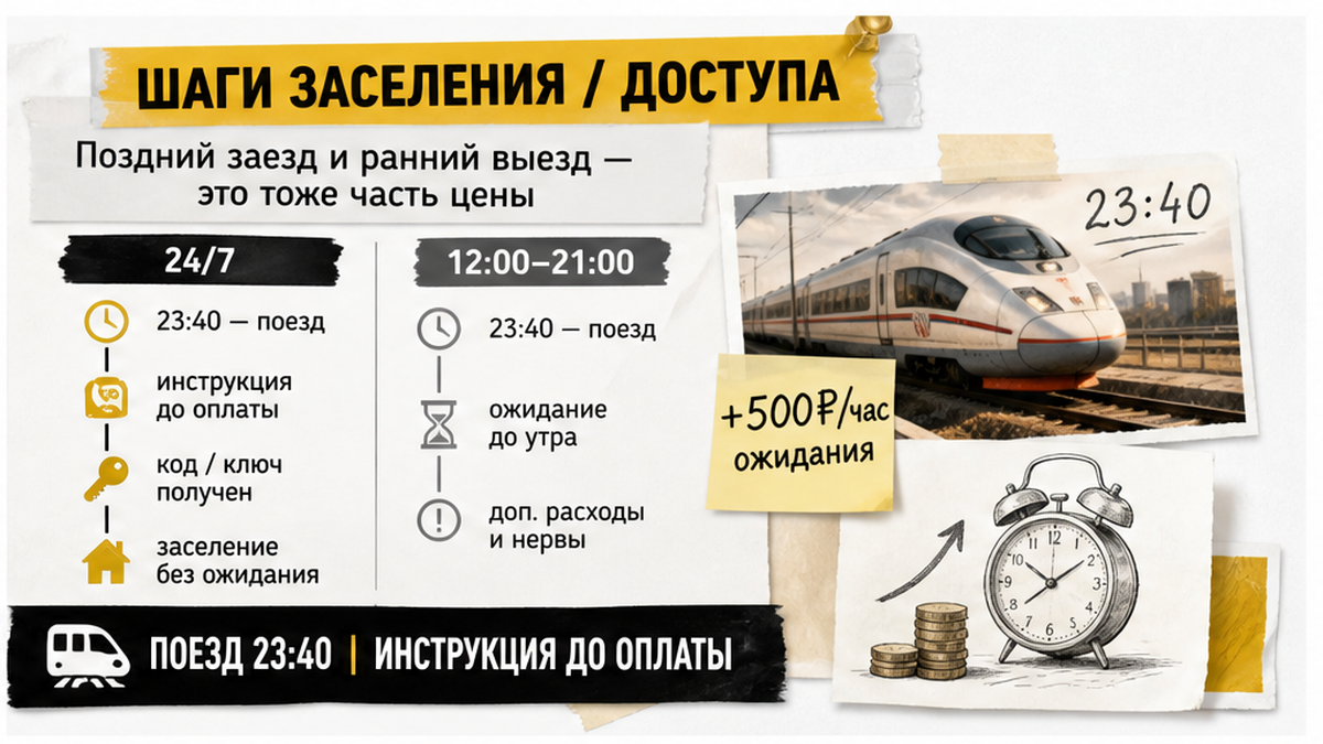 Поезд 23:40, окно заселения и доплата за час