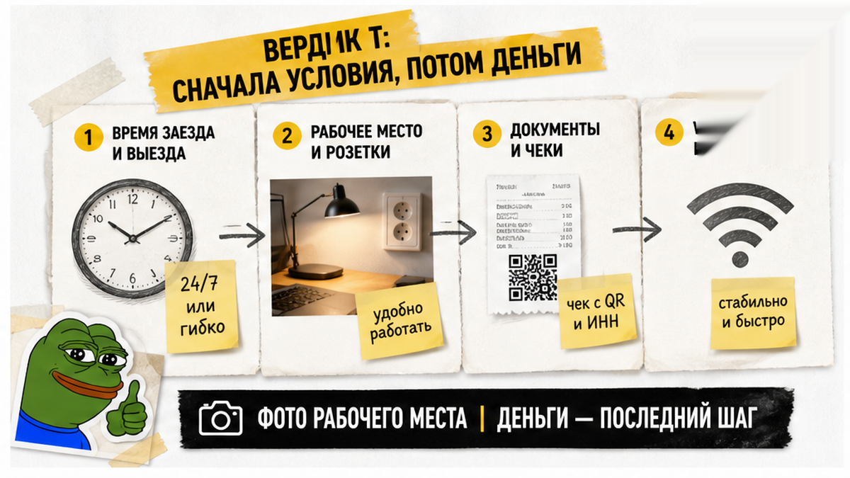 Время заезда, фото рабочего места, документы — деньги последний шаг