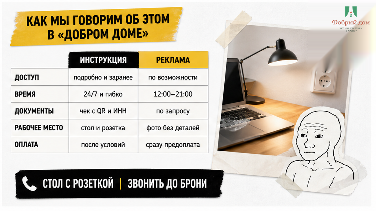 Инструкция до оплаты, стол с розеткой, звонить до брони
