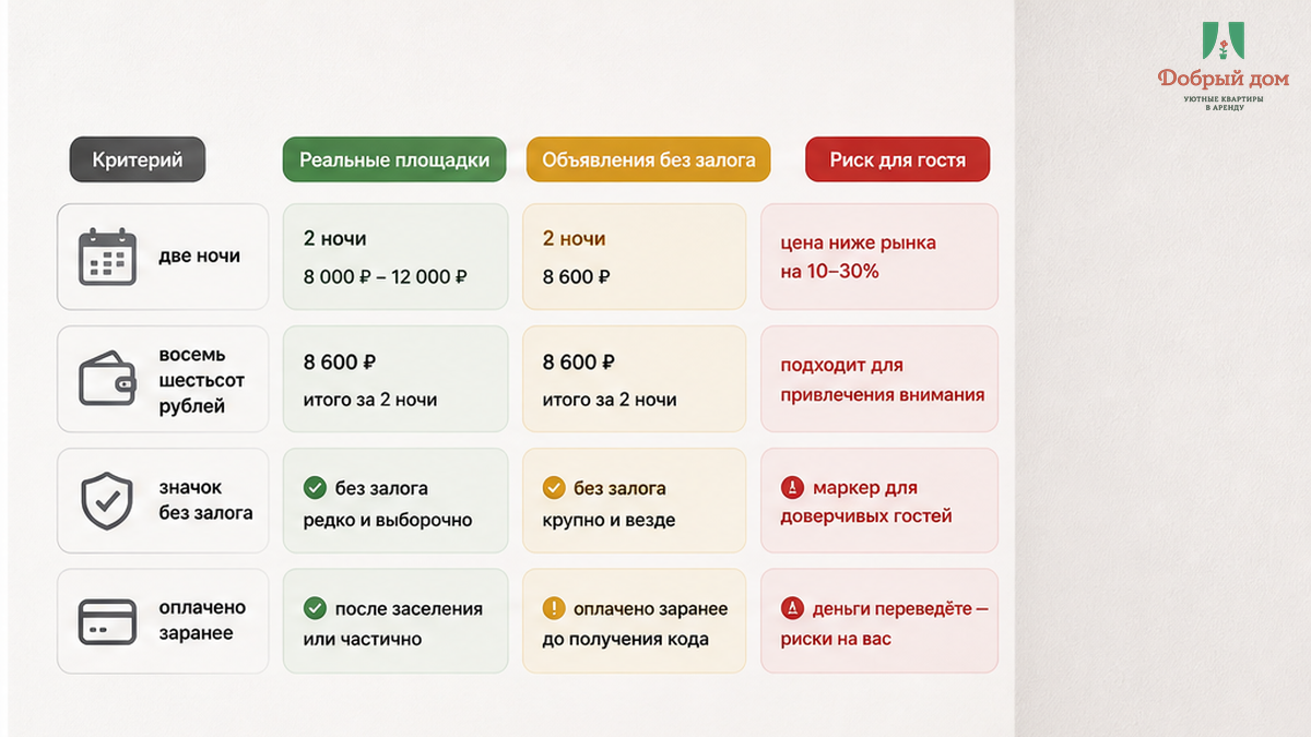 Две ночи за 8 600 ₽ оплачены заранее, в карточке значок «без залога» — но это ещё надо подтвердить в переписке.