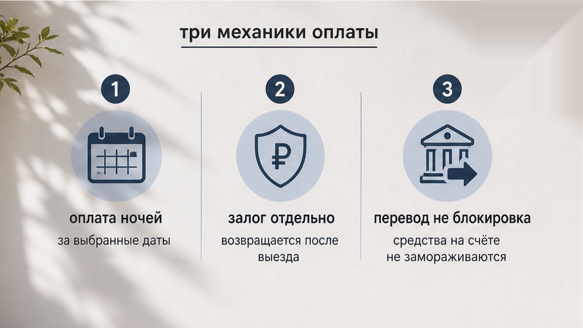 Оплата ночей, отдельный залог и блокировка на карте — три разных способа, не путать под давлением у двери.