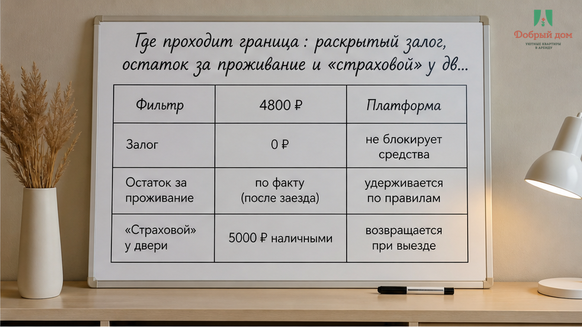 Три разных платежа: раскрытый залог в карточке, остаток за проживание из брони и «страховой» у двери.
