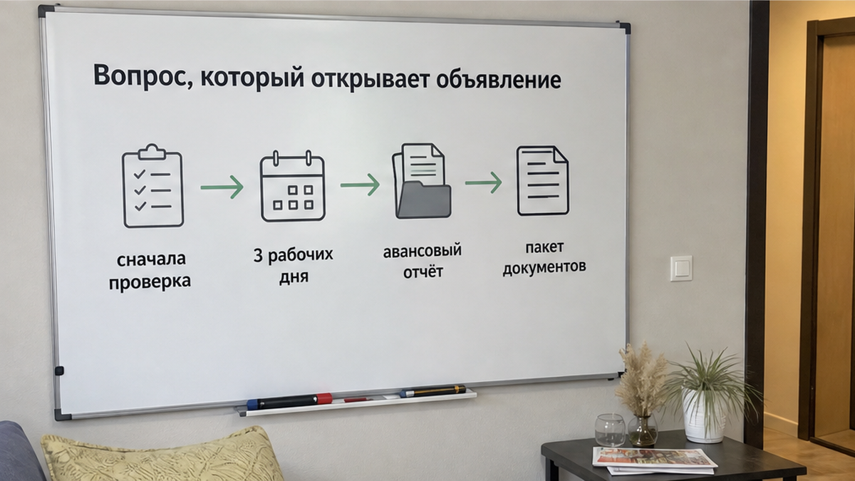 До оплаты спросить про пакет документов и срок чека — три рабочих дня на авансовый отчёт.