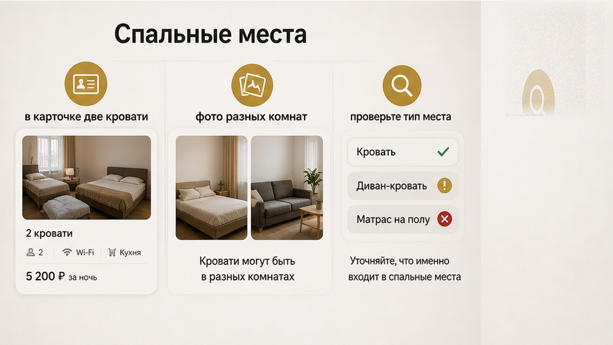 В карточке шапка считает поверхности, а блок «Спальные места» может разделить кровать и диван-кровать.