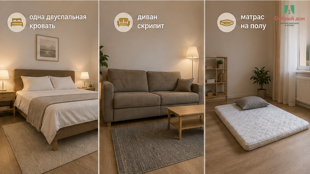 Одна двуспальная кровать, продавленный диван-кровать и складной матрас на полу для третьего взрослого.