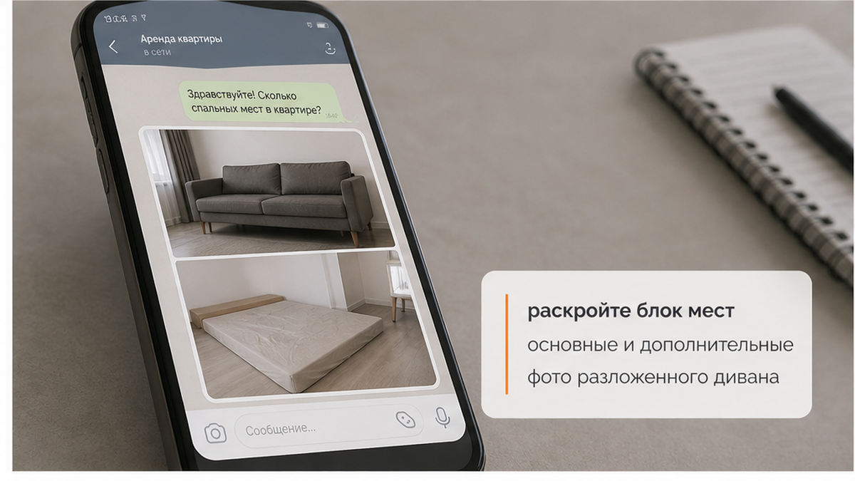 До оплаты: открыть «Спальные места», уточнить тип каждой поверхности и попросить фото дивана разложенным.