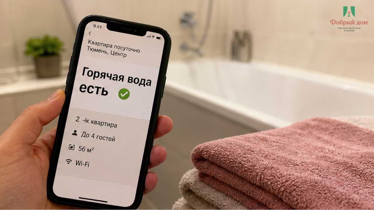 Объявление обещает горячую воду, а рядом видна ванная квартиры посуточно.