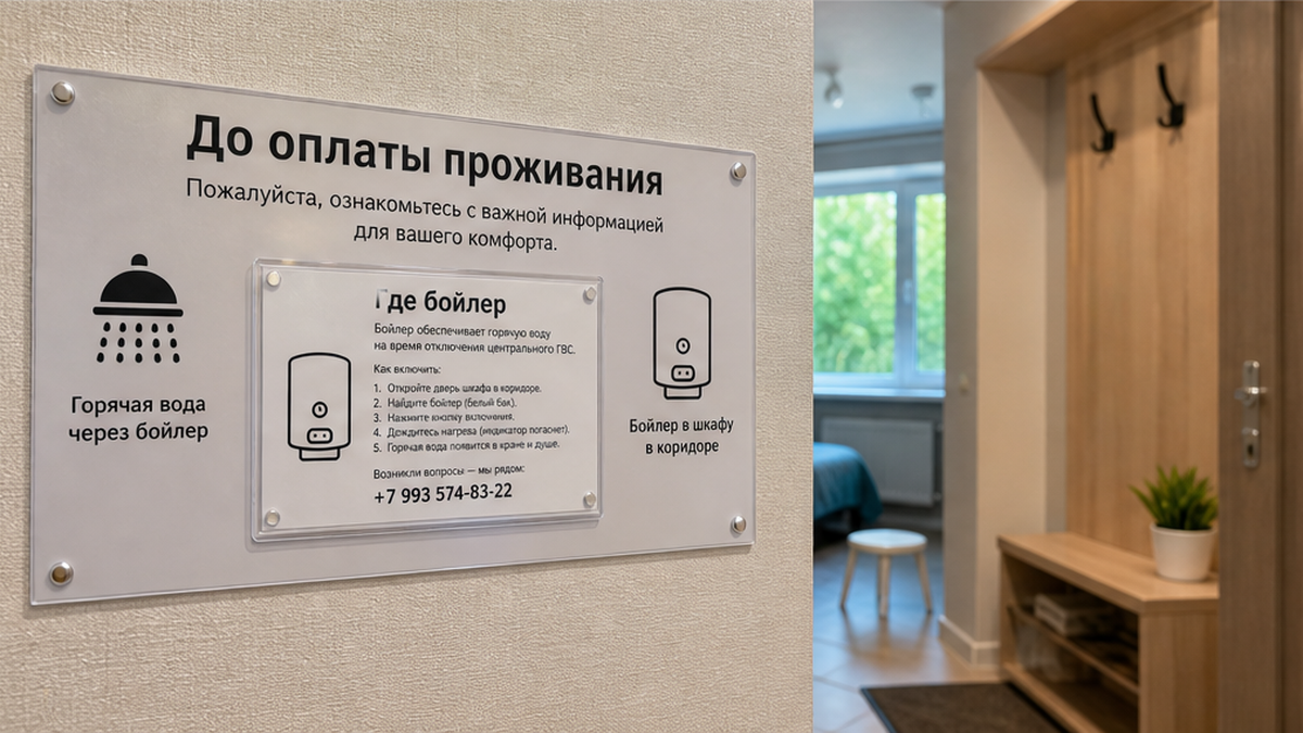 Информационная доска у ванной с карточкой бойлера и номером +7 993 574-83-22.