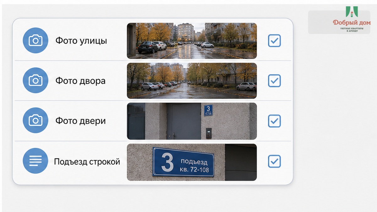 Чек-лист: свежие фото улицы, двора, двери и номер подъезда отдельной строкой.