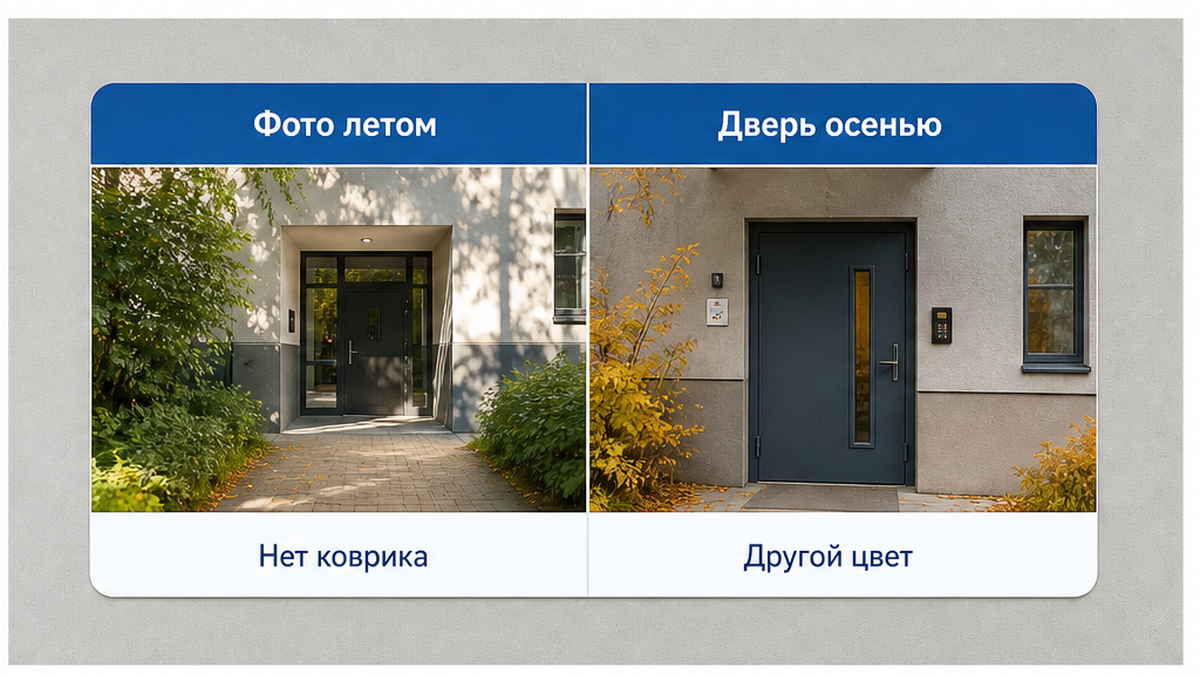 Летняя мелкая фотография в PDF не совпадает с осенней дверью без коврика.