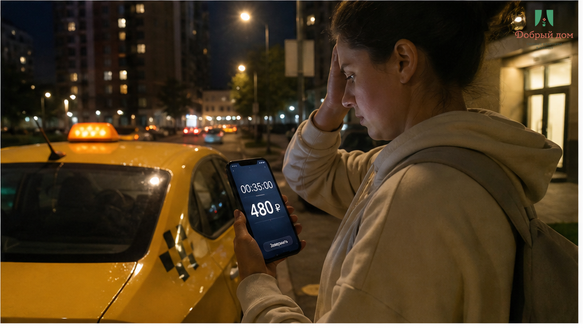 Такси ждёт у дома: поездка уже стоит 480 рублей, а ключа всё ещё нет.