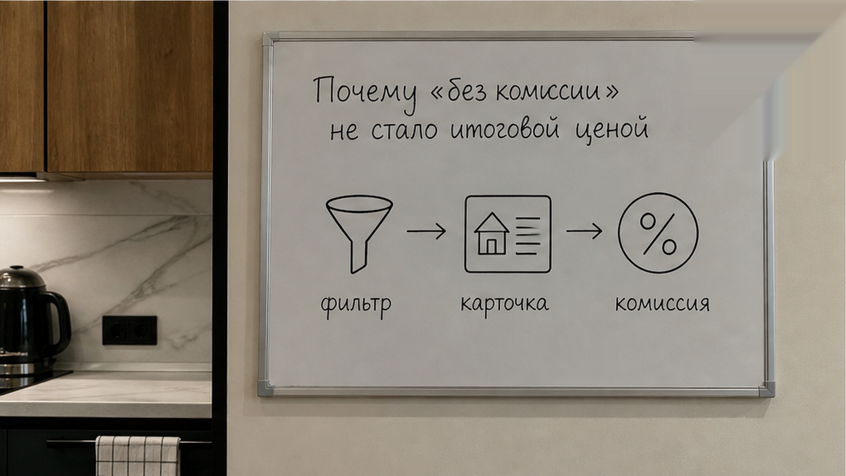 Цепочка: фильтр «без комиссии», цена в карточке и отдельная строка комиссии на оплате.